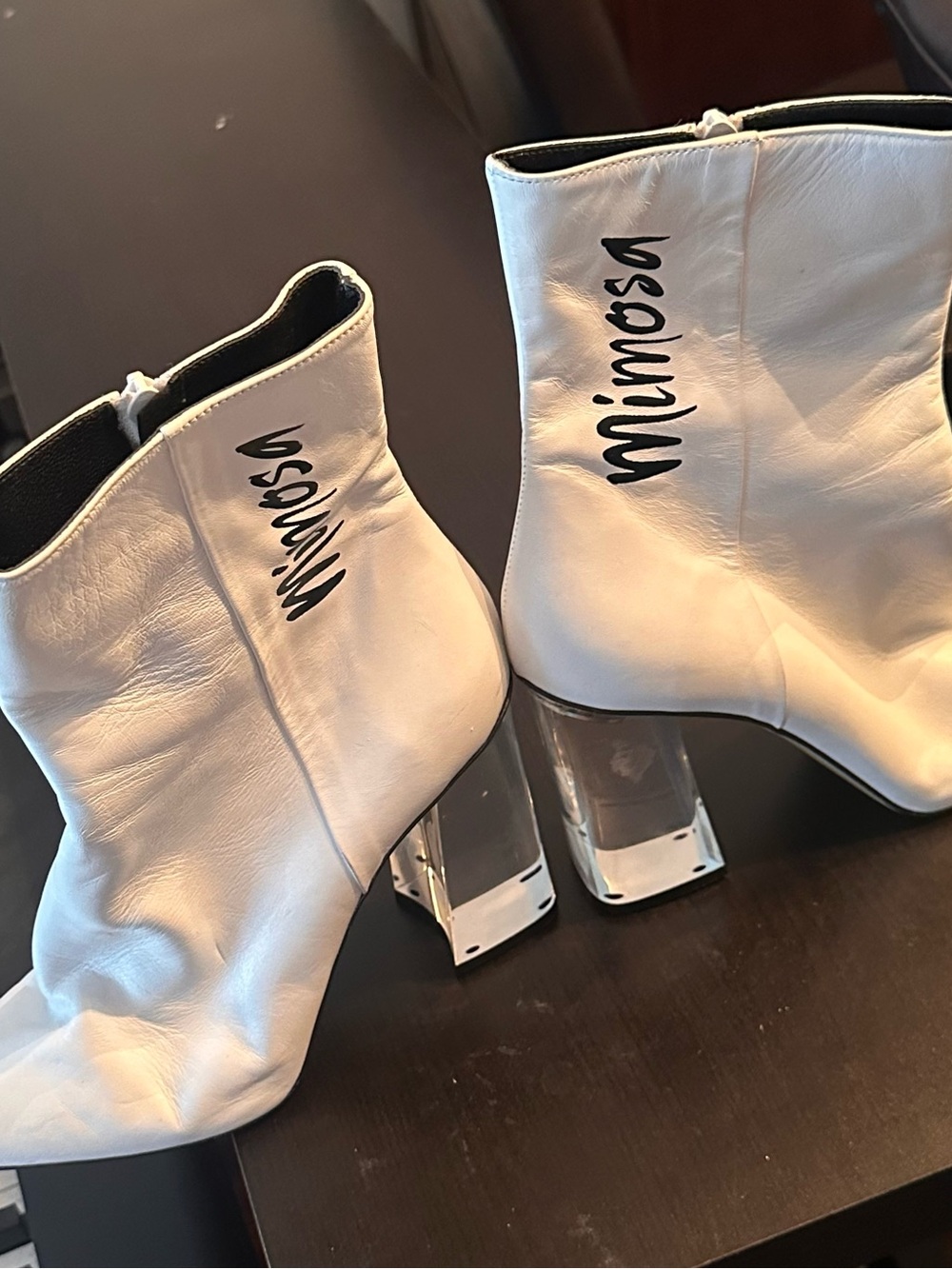Vero Cuoio White Ankle Boots with Clear Block Heel